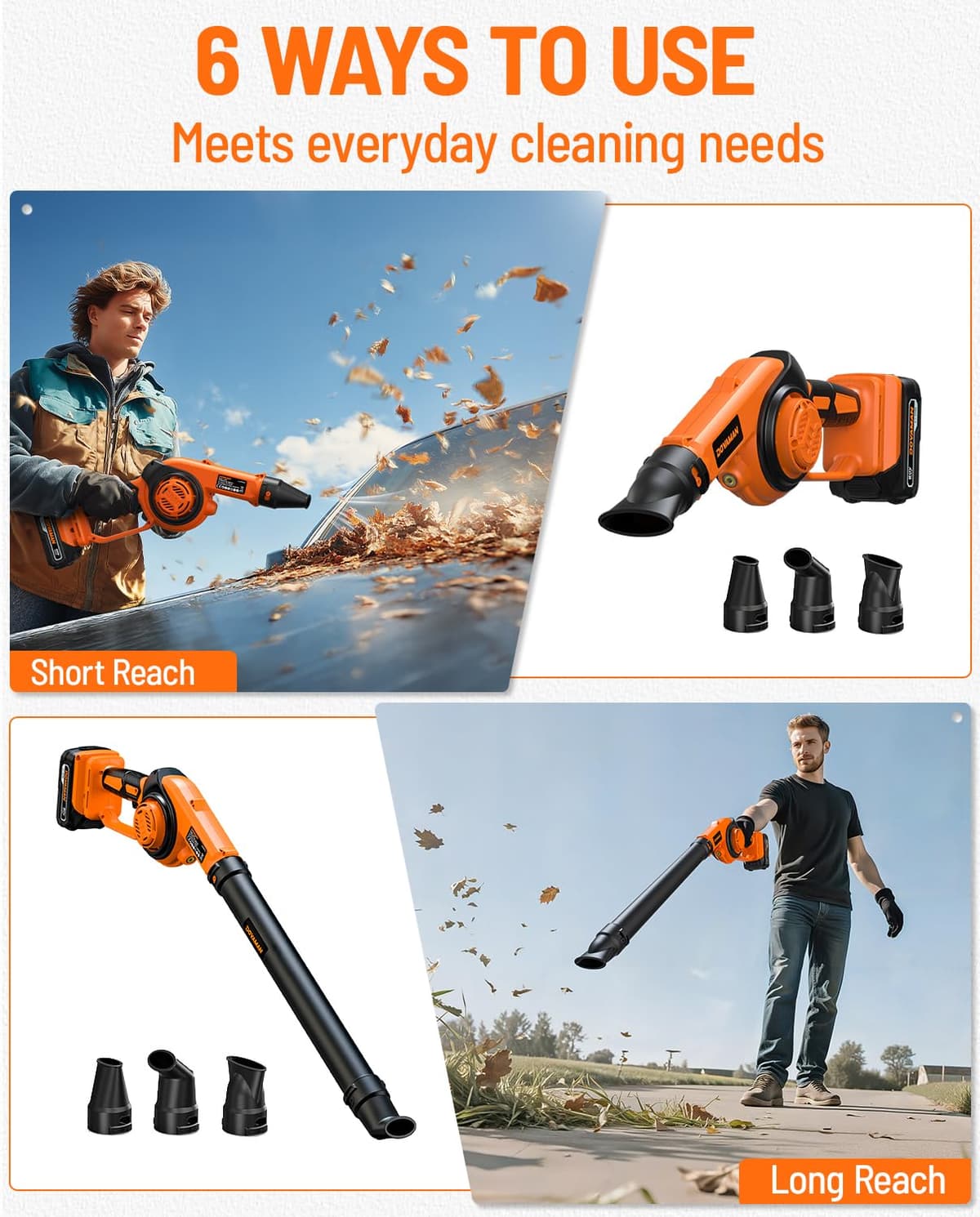 DOVAMAN 3-in-1 Leaf Blower with LE20 Battery, 180 mph Air Speed, 3 Speed, 800g Lightweight, 20V Battery with Fast Charger, LED Light, 3 Nozzles — view 2