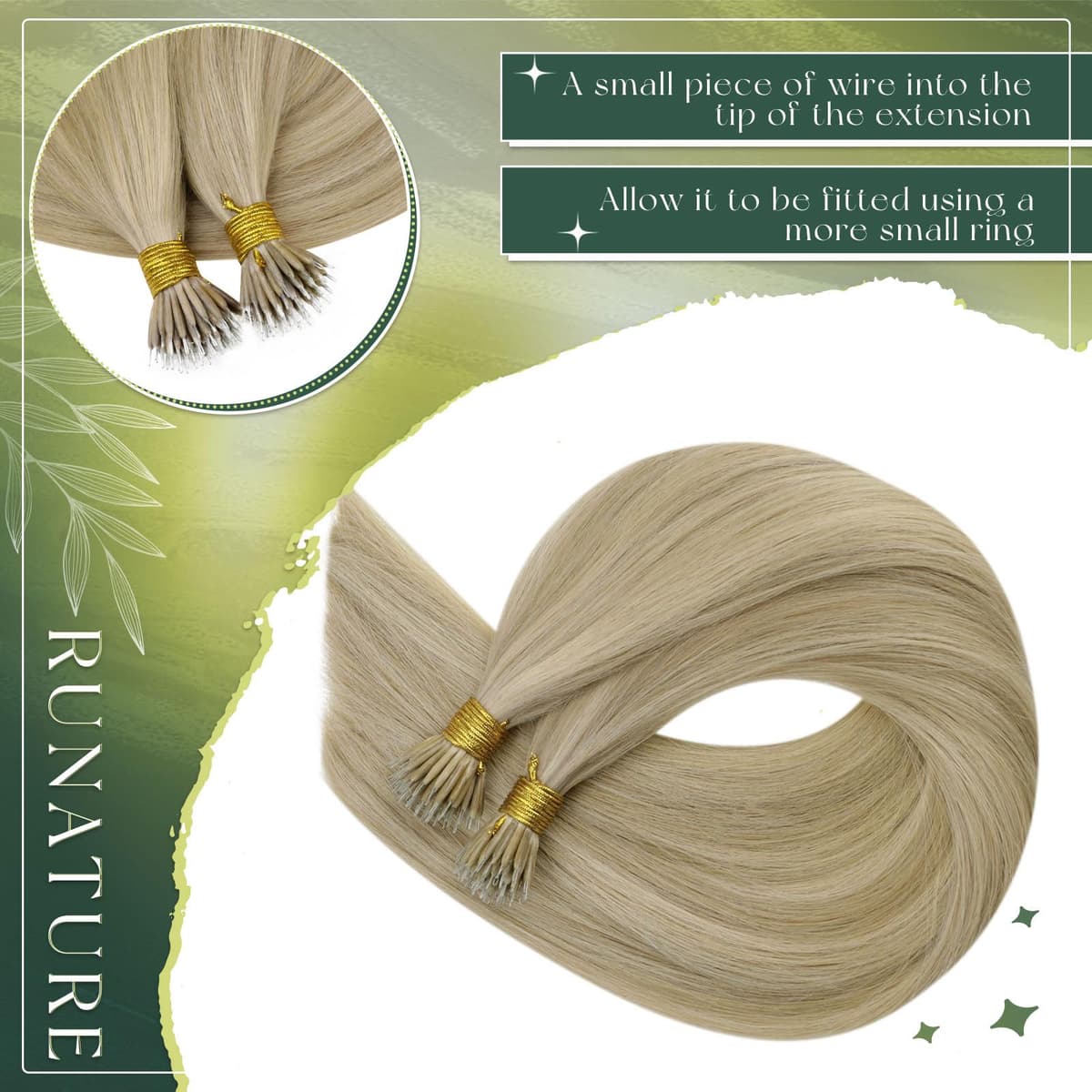 RUNATURE Nano Hair Extensions Real Human Hair Blonde Nano Beads Hair Extensions Highlight Light Brown with Ashy Blonde Invisible Nano Ring Straight Remy Hair 50s 12 Inch #16P22 — view 3