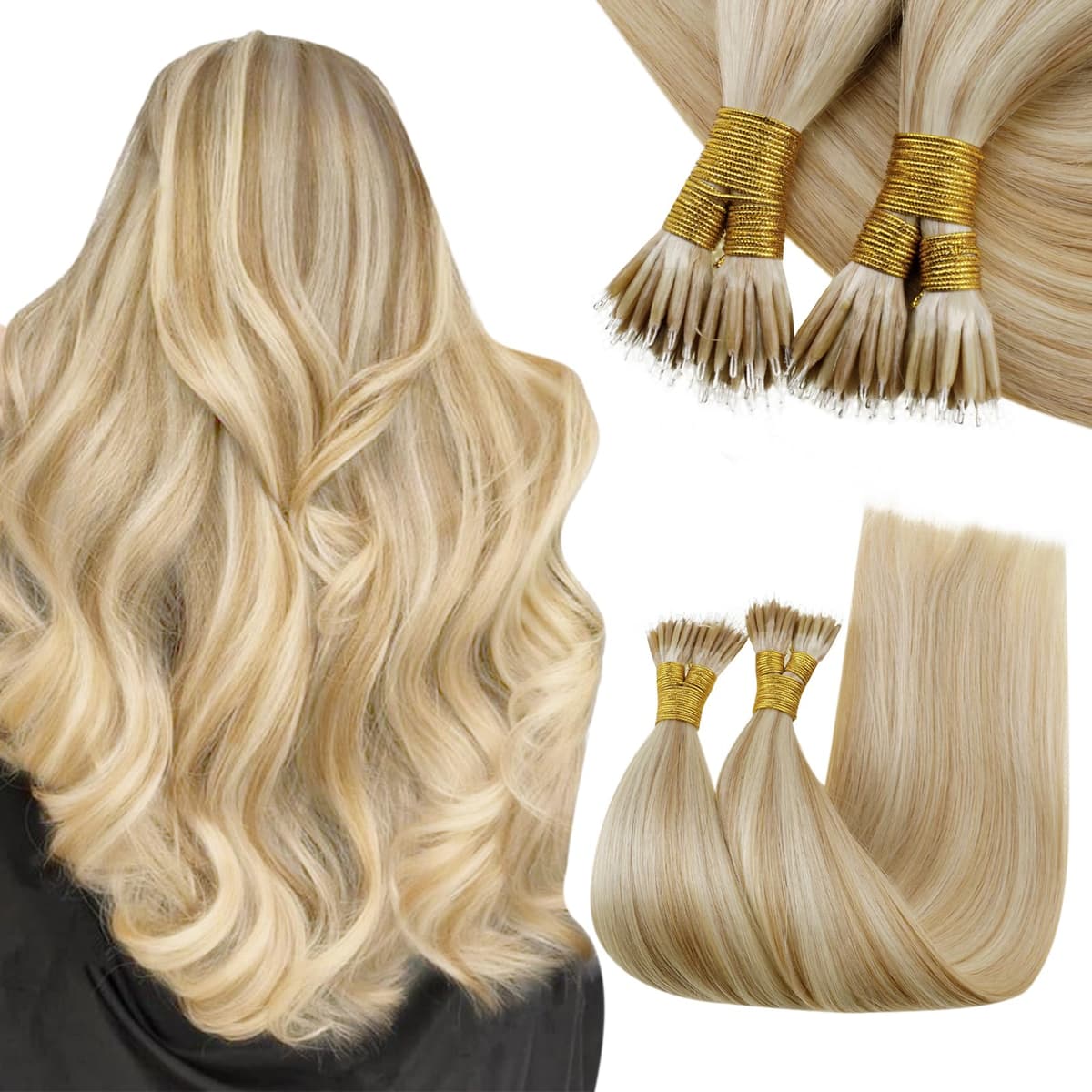 RUNATURE 18 Inch Nano Beads Hair Extensions Real Human Hair Ice Blonde Nano Hair Extensions Real Human Hair White Blonde Invisible Nano Rings Straight Remy Hair 50g 50s #800 — view 45