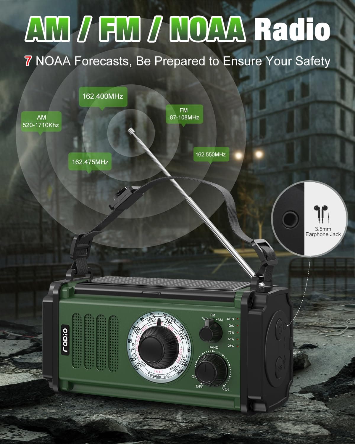 10000mAh/37000mWh Wind Up Solar Radio, AM/FM Hand Crank Emergency Weather Radio, 4 Charging Methods, Polymer Battery, Flashlight & Reading Lamp, SOS Alarm, Phone Charger for Emergency, Green — view 5