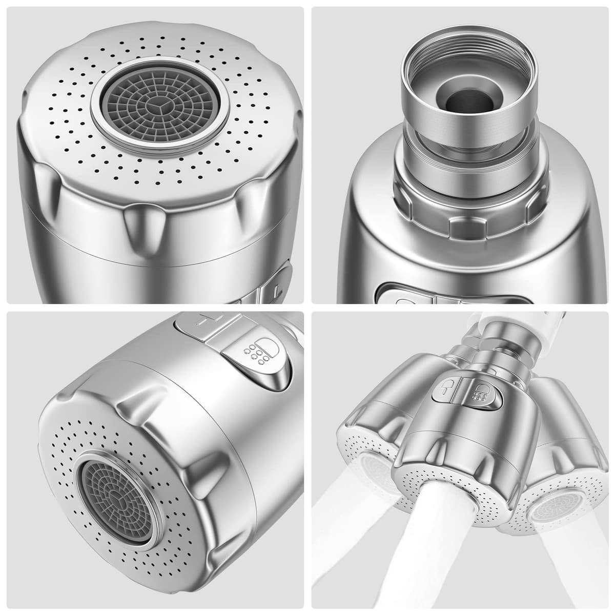 Vinabo Aireador para grifo, 360 °, giratorio, fregadero, de ahorro hídrico, con filtro regulador de cabezal y boquilla para cocina baño, 2 modos, Plata — view 3