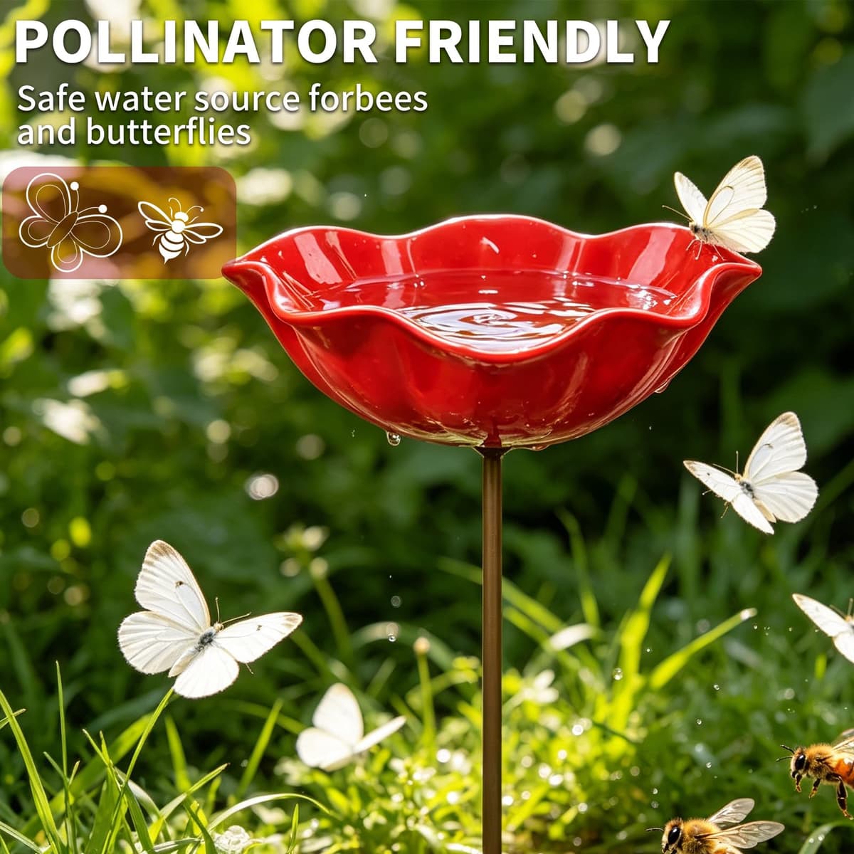 Handmade Metal Flower Garden Stake, Flower-Shaped Bee Watering Station Bird Bath for Garden, Dual Function Bird Bath and Pollinator Water Station for Gardens, Lawn, Patio Decor (3PCS) — view 5