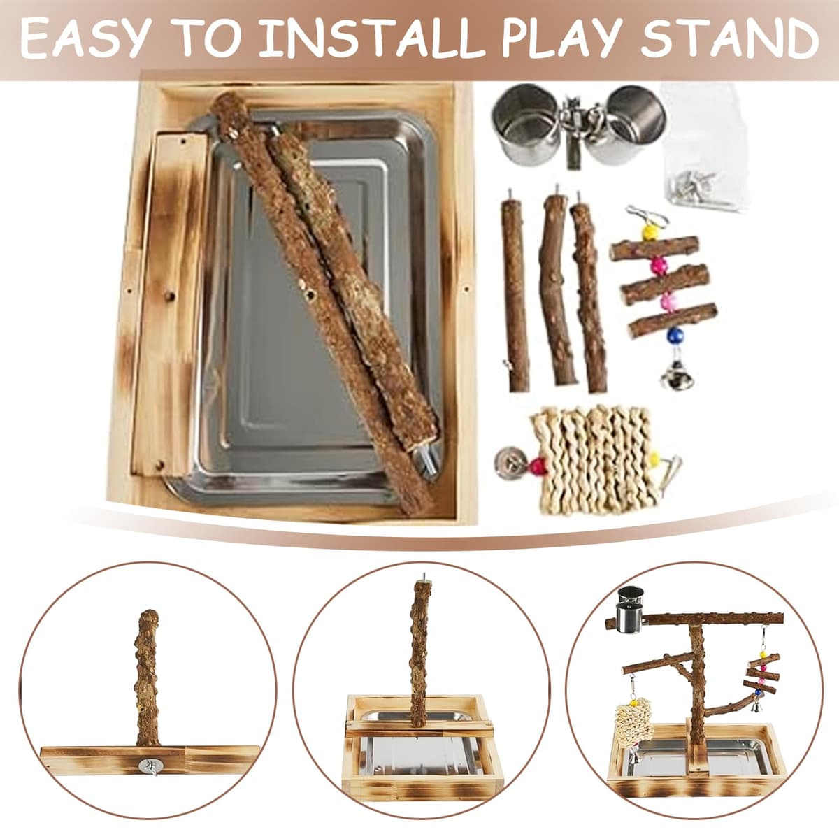 Aves Juego Stand - Puesto de Madera para Loros, Aves Stand con Percha, Taza de Alimentación, Bandeja y Juguetes de Gimnasio de Ejercicios para Pájaros Pequeños y Medianos — view 3