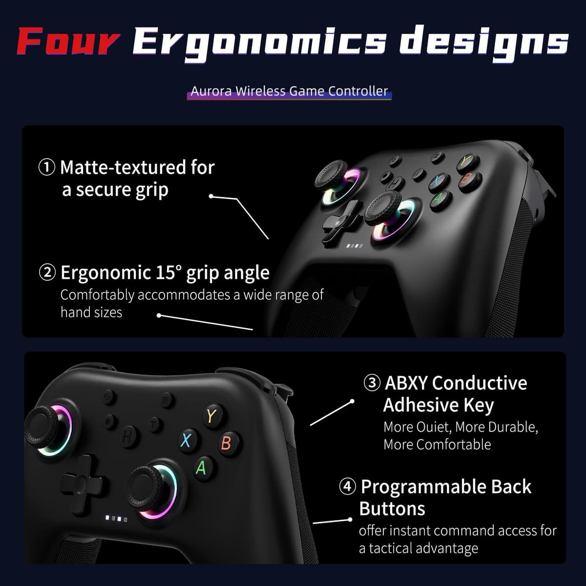AceGamer Aurora 2.4G Mando inalámbrico para PC Windows/Switch 2/Switch/Steam/iOS/Android, Mando para PC con joystick de efecto Hall, Botón trasero programable, Actuador resonante lineal, Turbo, Negro — view 5