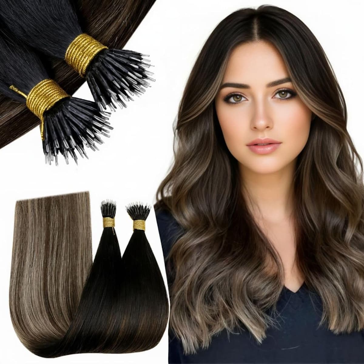 RUNATURE 18 Inch Nano Hair Extensions Real Human Hair Black Balayage Brown Nano Beads Hair Extensions Real Human Hair Ombre Blonde Invisible Straight Remy Nano Rings Hair 50g 50s #1b/4/27
