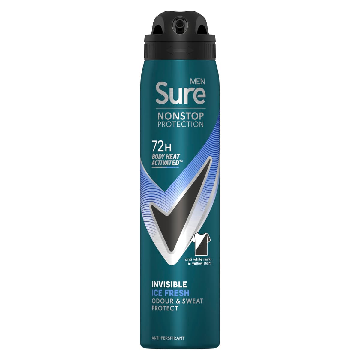 Sure Men Nonstop Protection Invisible Ice Fresh Deodorant Body Spray Antiperspirant with body heat activated technology for 72 hour odour and sweat protection 250 ml