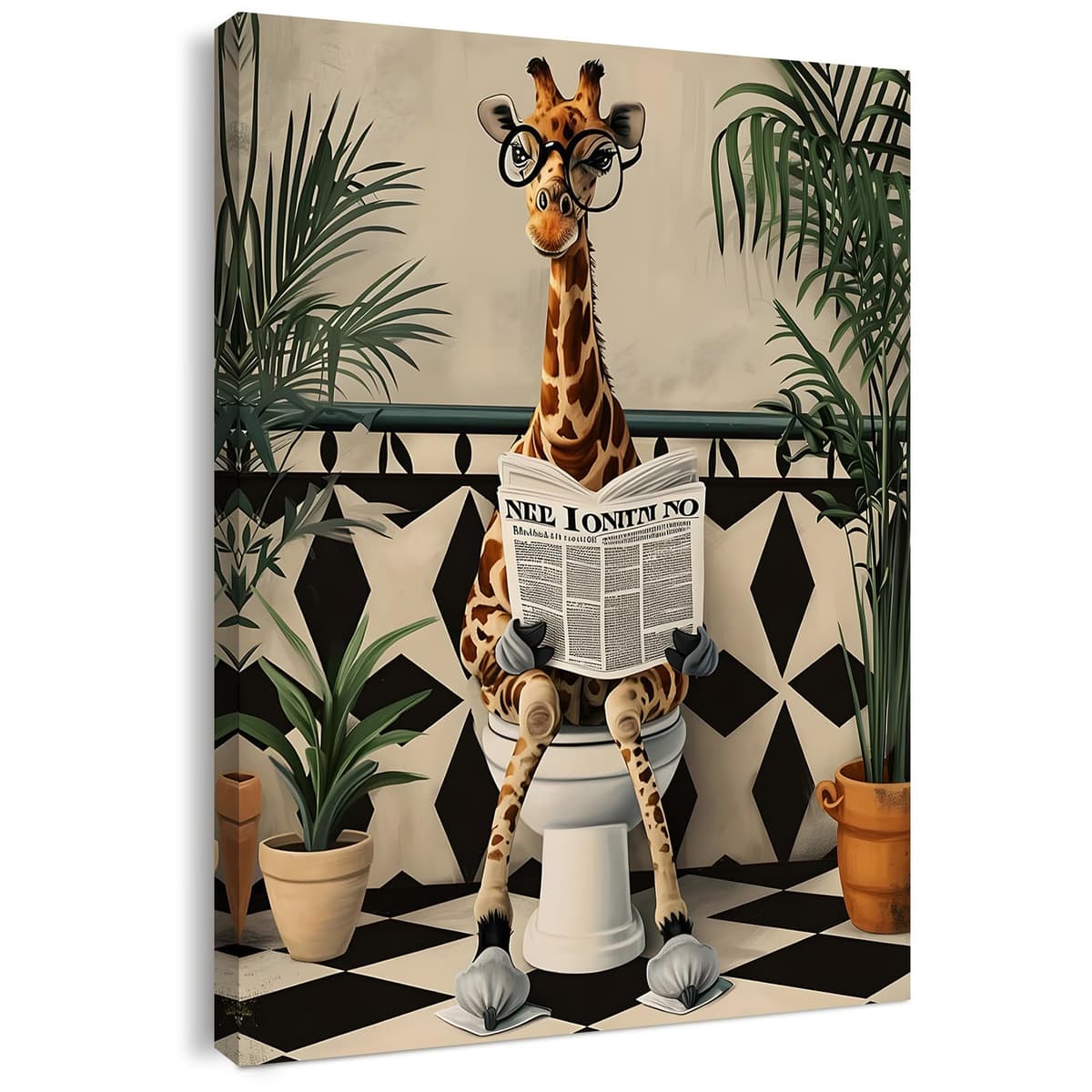 Qiukoo Wall Art Funny Giraffe Toilet Print – Framed Canvas Artwork for Bathroom Pictures and Decor, Waterproof Toilet Wall Art with Frame and Hanging Hooks, 12x16 Inch