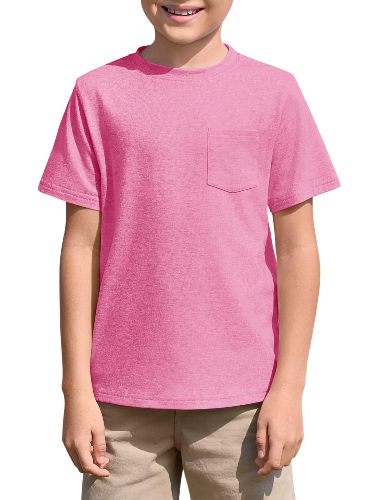 Haloumoning Camiseta de manga corta con cuello redondo para niños, para verano, lisa, ligera, ajuste regular, camisetas deportivas, informales, básicas, con bolsillo en el pecho, 5-14 años