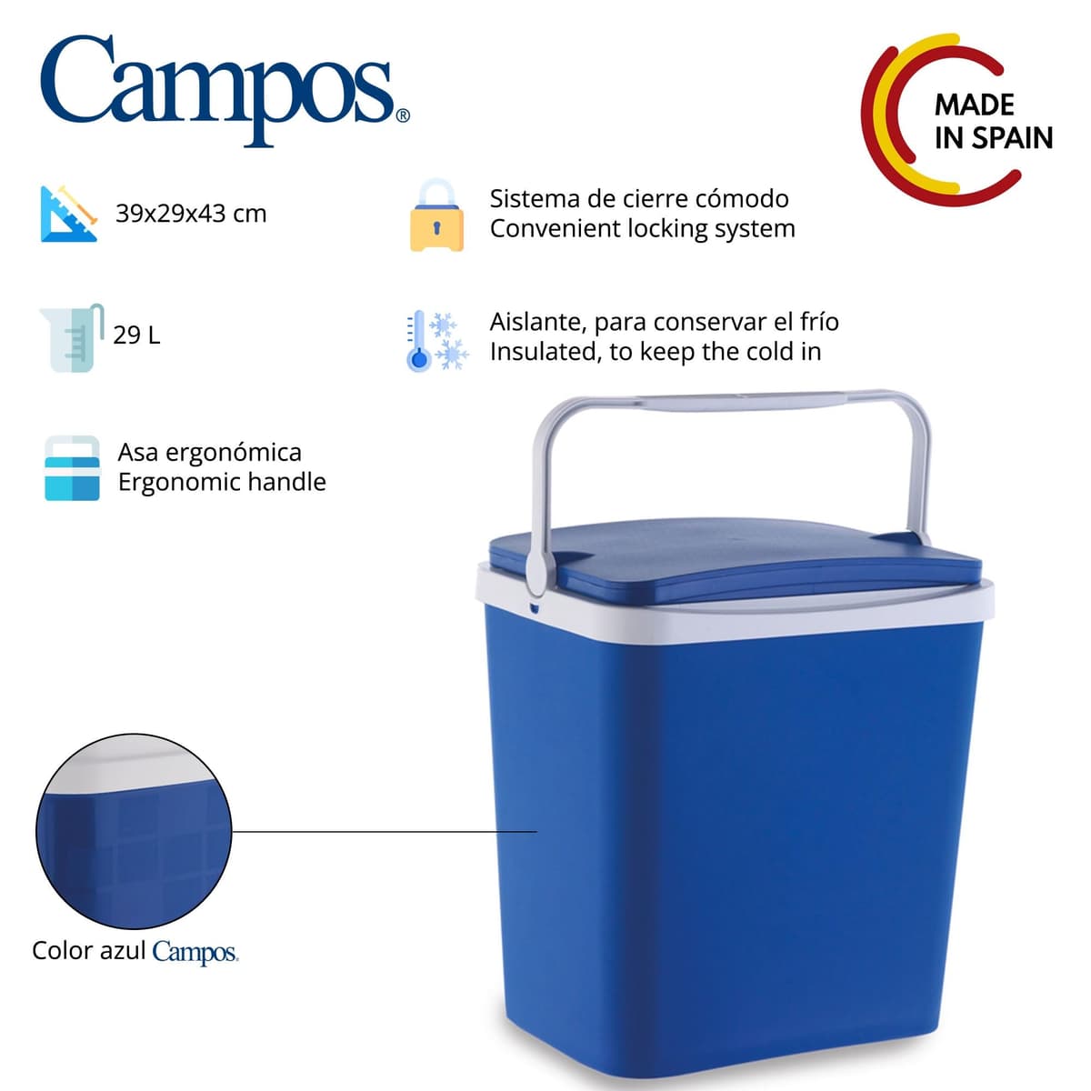 Campos Mini Nevera Portatil de 29 L | Fabricada en España, Polipropileno, azul, 29L — view 2