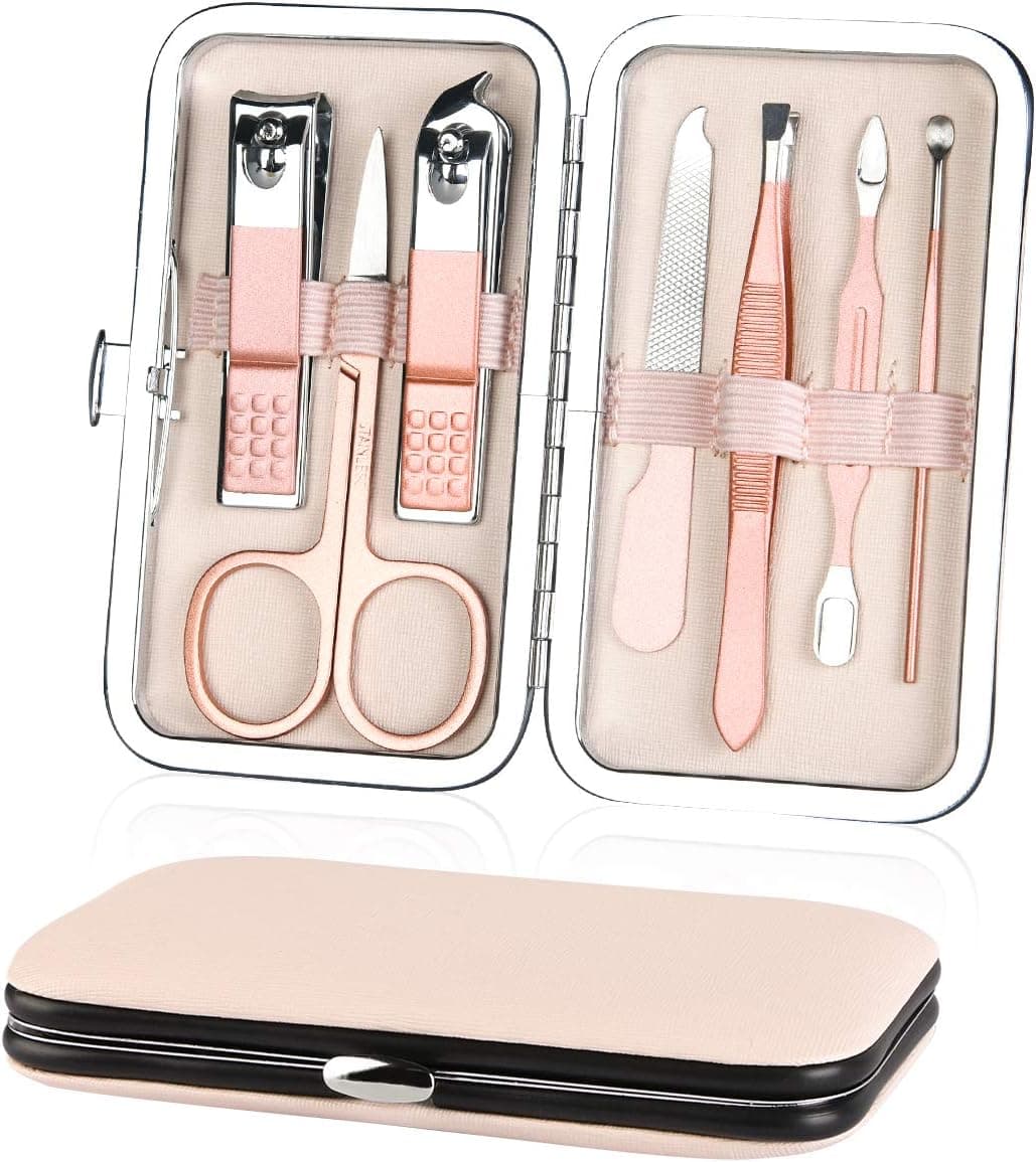 URAQT Manicure Set for Women, 7 Pcs Nail Clippers and Grooming Kit for Eyebrows, Stainless Steel Nail Care Tools with Leather Case for Travel and Home