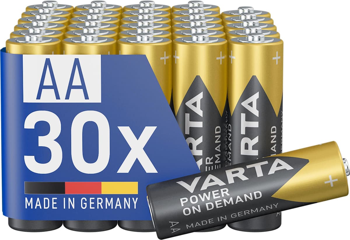 VARTA Pilas AA, paquete de 30, Power on Demand, alcalinas, 1,5V, inteligentes, flexibles, para accesorios de ordenador, dispositivos Smart Home, linternas, Made in Germany Paquete de 30 AA
