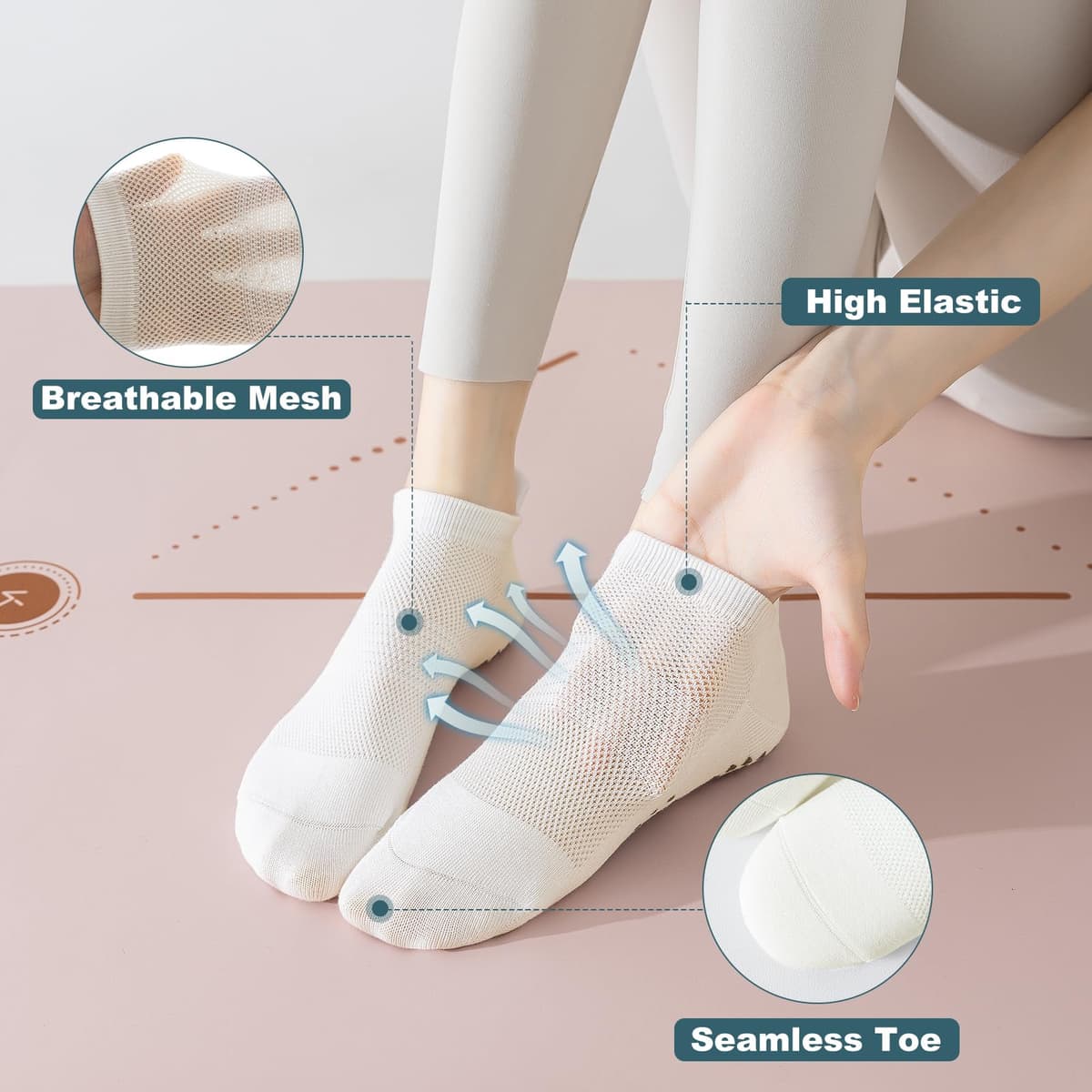 BISOUSOX Yoga Socks with Bag Women Pilates Socks Short Non-Slip Breathable Cotton Gym Bar Fitness Gift for Women Pregnant Mother 3 Pairs — view 4