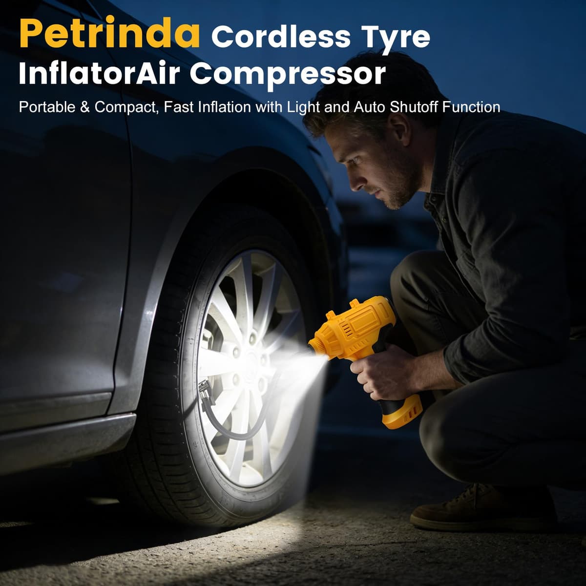 Cordless Tyre Inflator Air Compressor, 25L/min Hand Held Digital Tyre Pump with Pressure Gauge, Rechargeable Battery, Portable Car Accessories with LED Light Electric Pump for Car/Bike/Motorcycle/Ball — view 6