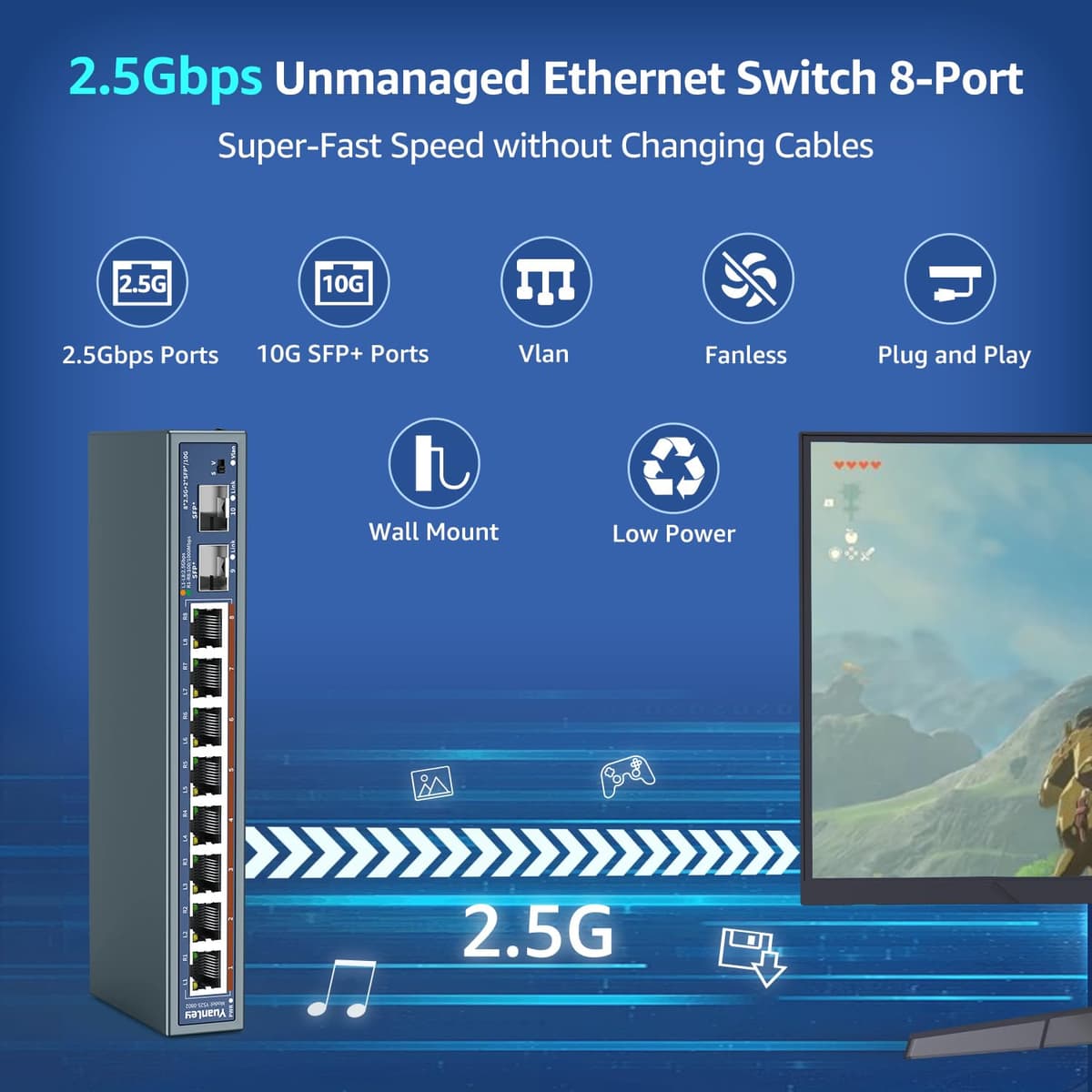 Switch Ethernet No Gestionado de 10 Puertos 2,5G, 8 Puertos 2,5G Base-T, 2 x 10G SFP, Compatible con 100/1000/2500Mbps, Montaje en Parede, Switch de Red YuanLey 2,5Gbe para Ap Inalámbrico, NAS, PC — view 2