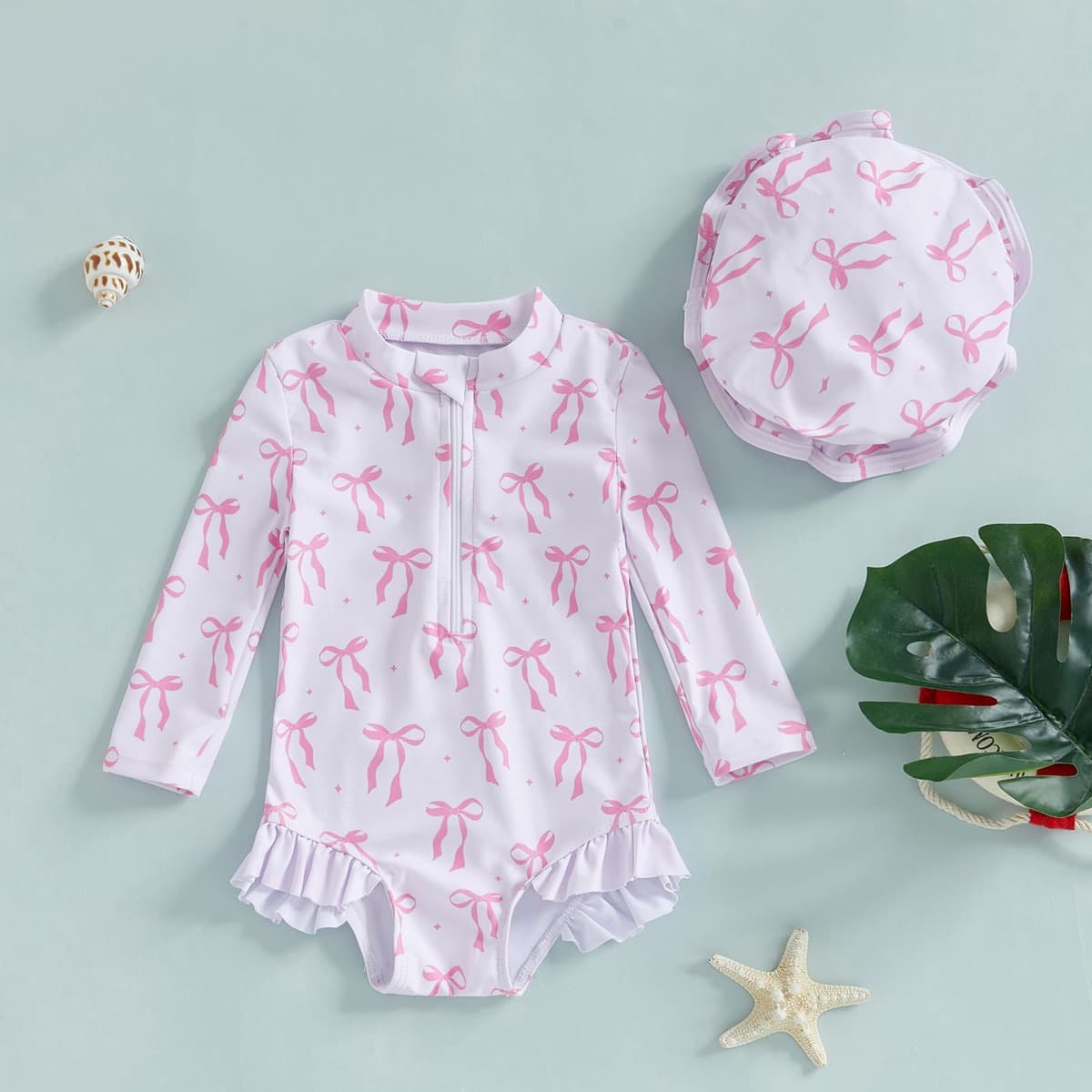 JENJON Traje de Baño a Rayas para Bebé Niña con Volantes Mangas Lindo Floral Traje de Baño de Una Pieza con Cremallera Protección UV y Gorro de Playa Verano — view 3
