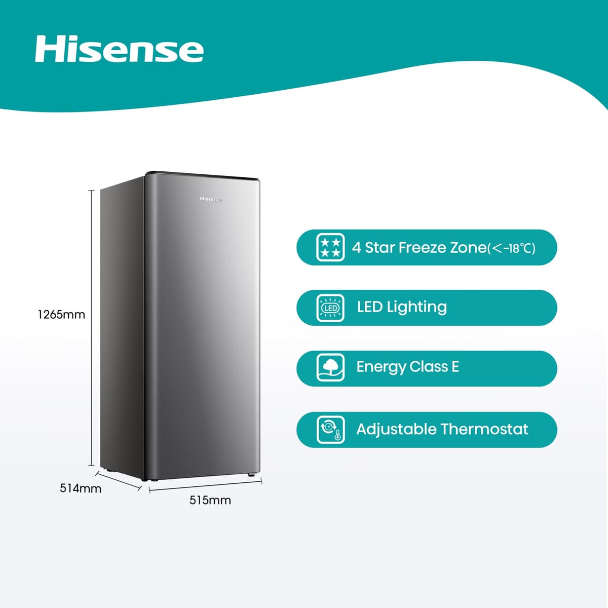 Hisense RR220D4BDE 52cm Freestanding Retro Fridge - 165-litre capacity with 4 star Ice box- Auto Defrost - Wine Rack - Silver - E Rated, H128 x W51.9 x D51.3 — view 2