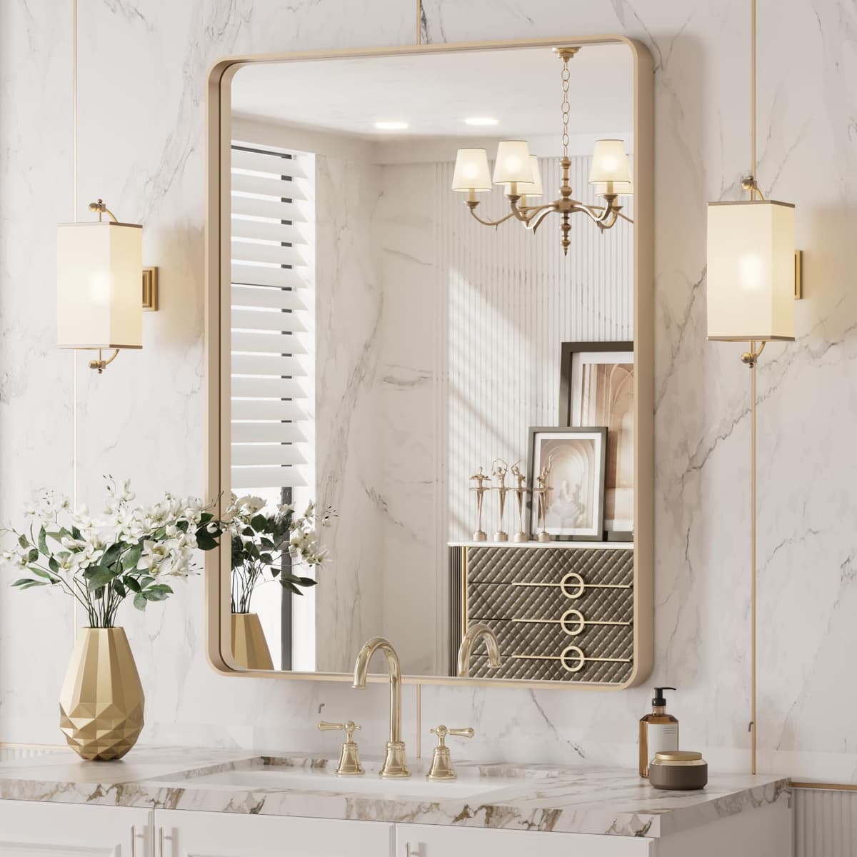 LOAAO 48”X36” Gold Bathroom Mirror, Rounded Rectangle Gold Frame Mirror, Brushed Gold Bathroom Vanity Mirror Wall-Mounted, Anti-Rust, Tempered Glass, Hangs Horizontally or Vertically — view 57