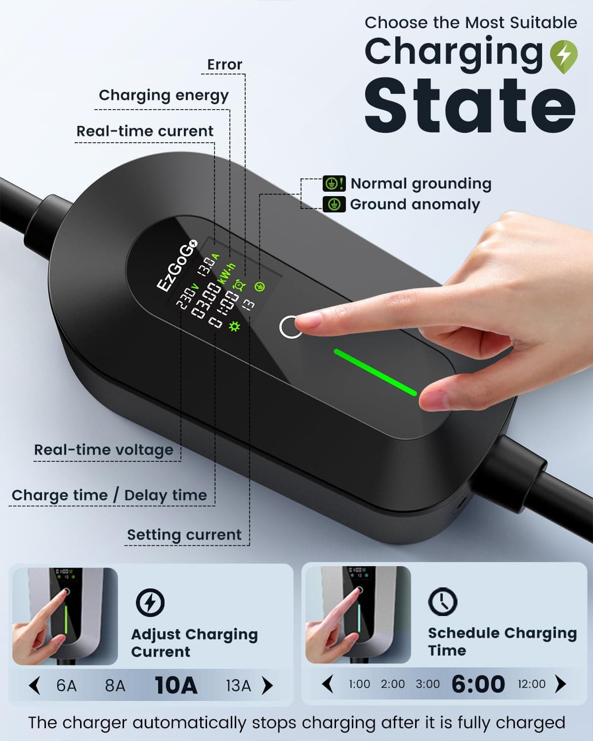 EzGoGo EV Charger Cable Type 2 to 3 Pin Plug 32.81Ft/10M Electric Car Charger 3kW, [6/8/10/13A] Type 2 Charging Cable 3 Pin EV Charger IP65 Advanced Protection Suitable for EVs & PHEVs — view 2