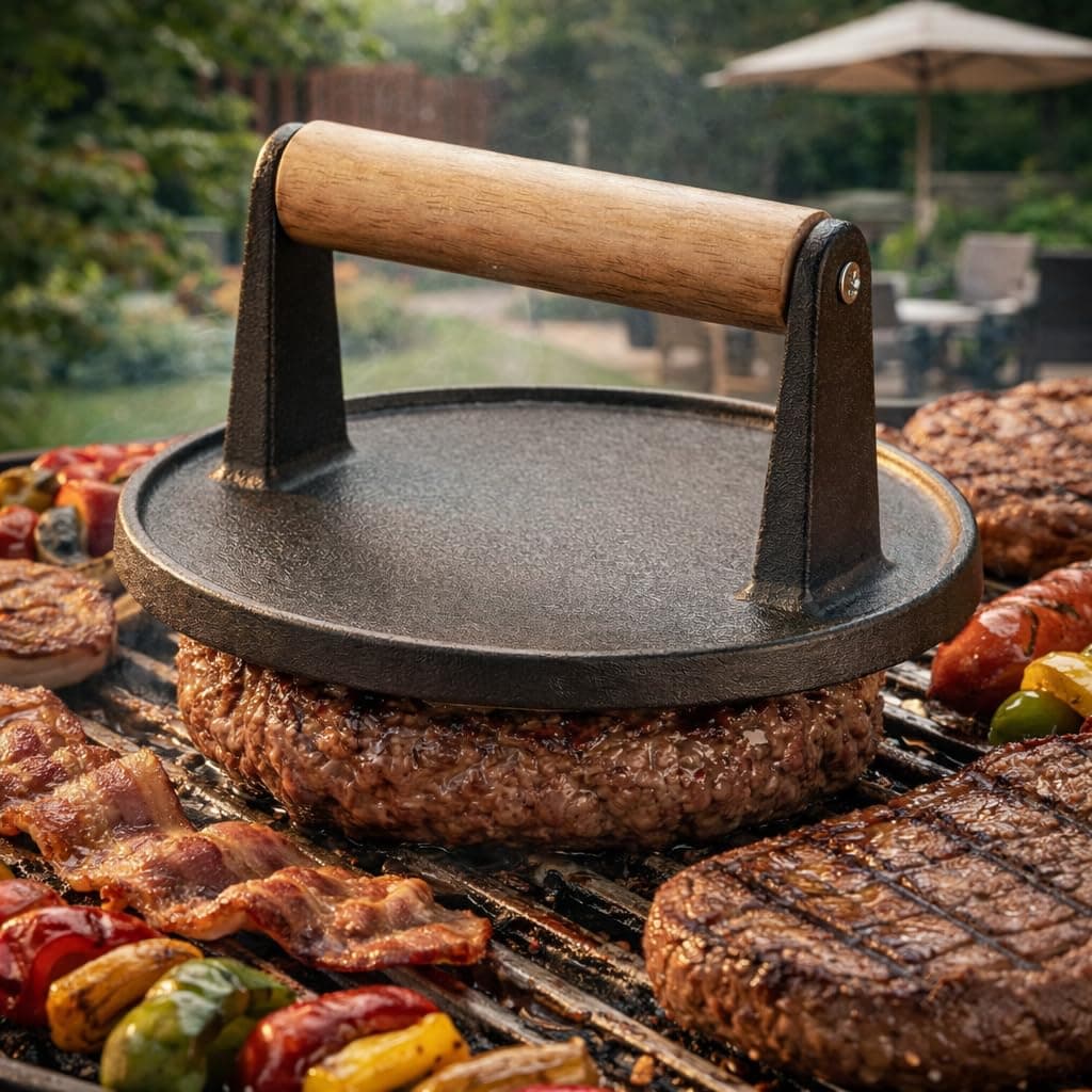 Cast Iron Burger Press Set, Round and Rectangular Grill Press with Wooden Handle, Circle — view 2