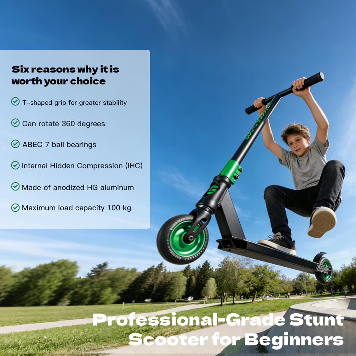 Patinete Freestyle, Dirección de 360°, Ruedas de PU de 85A 100 mm, Scooter Freestyle para Niños Adolescente y Adultos, Capacidad Máxima de Carga: 100 kg, Aluminio — view 2