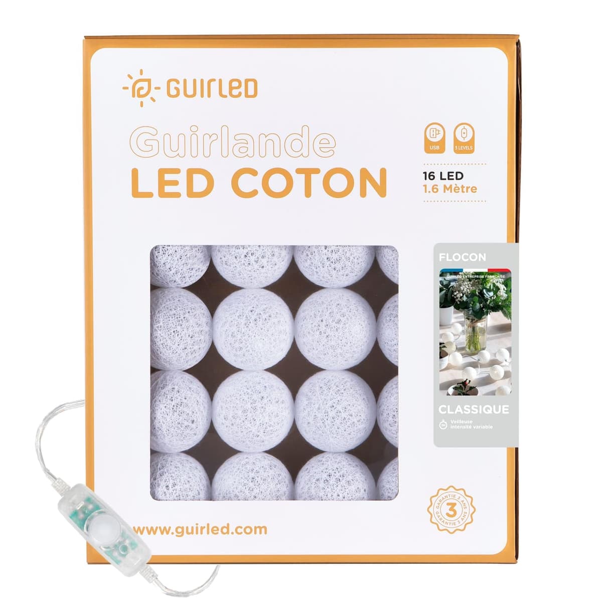 GuirLED - Guirnalda luminosa bolas de algodón LED USB- Luz de noche para bebé 2h - Adaptador de corriente dual USB 2A incluido - 3 intensidades - 16 bolas 1,6m - Byzantin — view 12