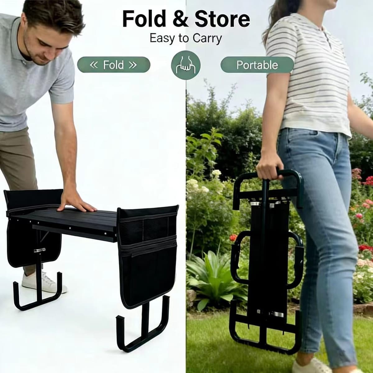 Asiento de Jardín Kneeler 2 en 1 con Bolsa para Herramientas, 60x52x27cm Banco de Jardinería Plegable, Portátil y Plegable Banco de Rodillas, Taburete Reclinatorio de Jardín (Negro) — view 5