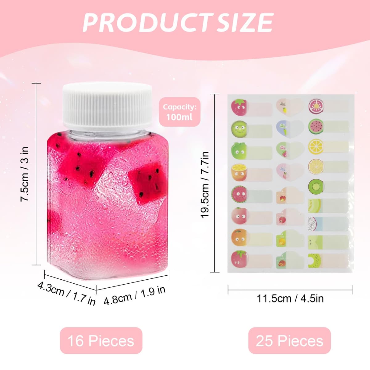 16 Piezas Botellas de Jugo Reutilizables 100ML, Mini Botella de Plástico Cuadrado Transparente y Pegatinas, Botellas de Plástico con Tapa para Guardar Zumo Batidos Bebidas — view 2
