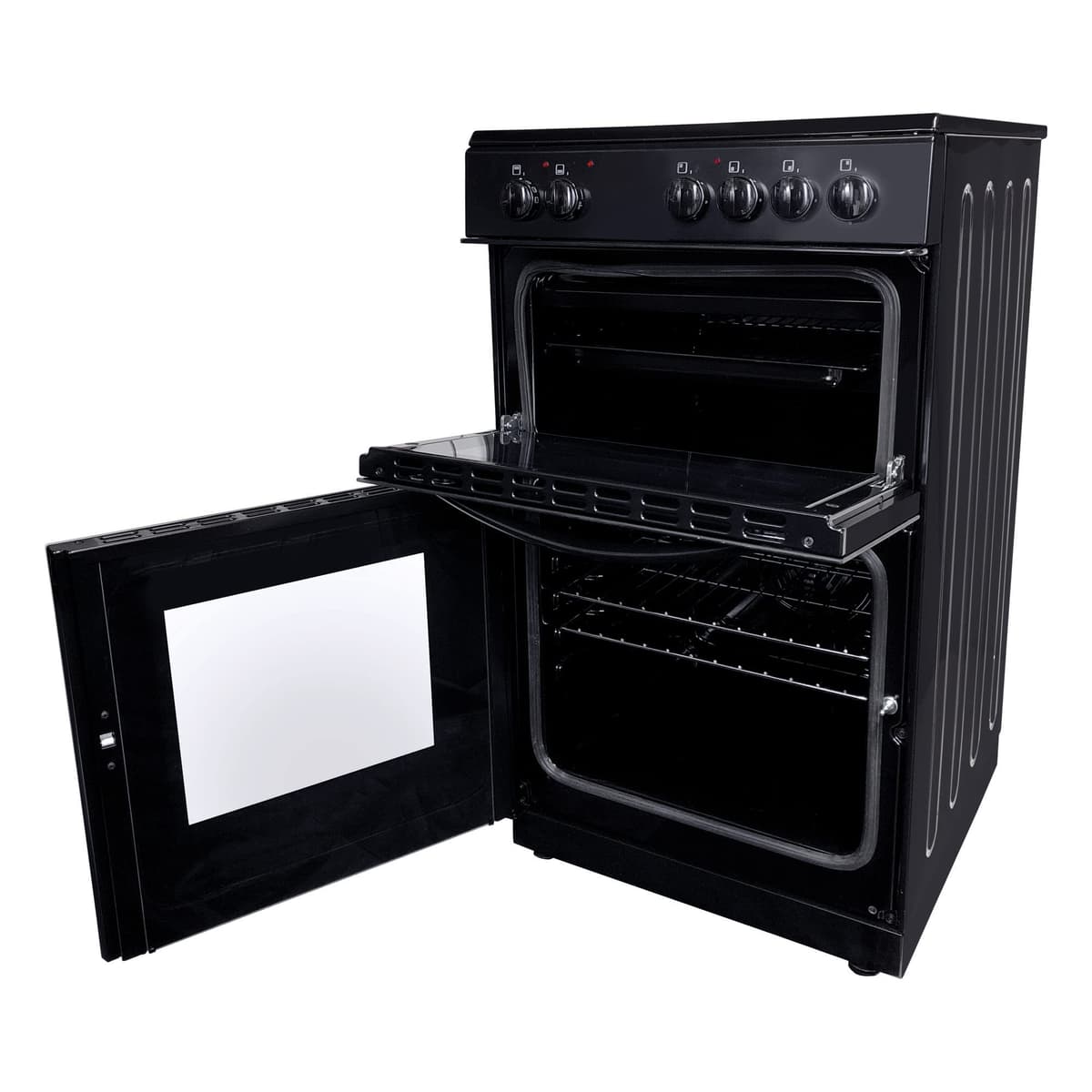 Statesman EDC50B Fan Assisted Double Oven Electric Cooker, 4 Zone Ceramic Hob, Integrated Grill, 50cm Wide, Double Glazed Door, 1 Deep Tray with Wired Chrome Grid, Black — view 2