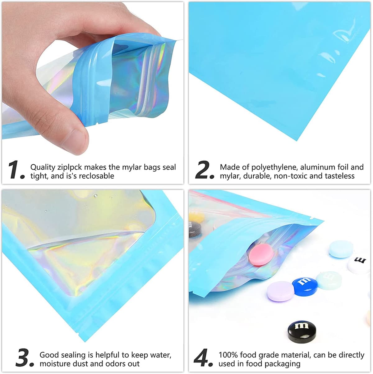 100 PCS Smell Proof Mylar Bags Holographic Packaging Bags, Resealable Odor Proof Bag, Mothers Day Gifts (Blue, 3 * 4.7inch) — view 3