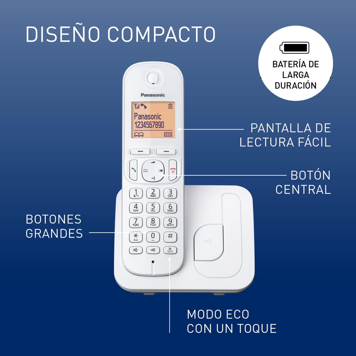Panasonic KX-TGC210SPW Teléfono Inalámbrico Digital, Unidad Base y 1 Auriculares, Identificador y Bloqueo de Llamadas, Altavoz Manos Libres, Modo Ecológico, Reloj Despertador, Pantalla LCD, Blanco — view 2
