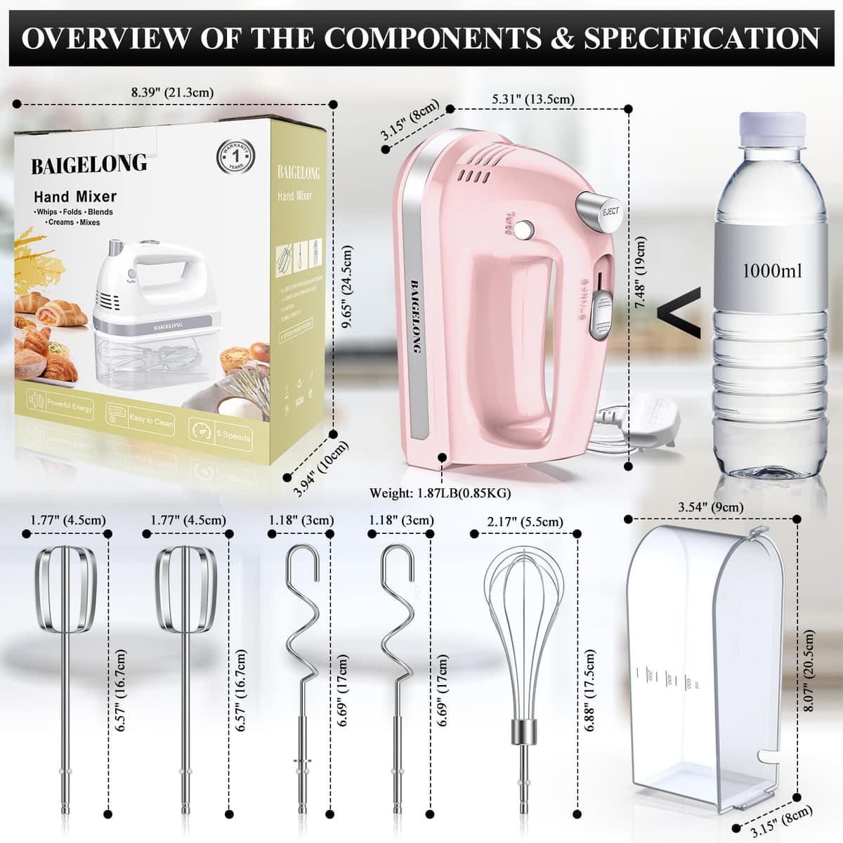 BAIGELONG Hand Electric Mixer, 300W Ultra Power Food Kitchen Mixer with 5 Self-Control Speeds + Turbo Boost, 5 Stainless Steel Attachments Handheld Blender for Baking, PINK — view 8