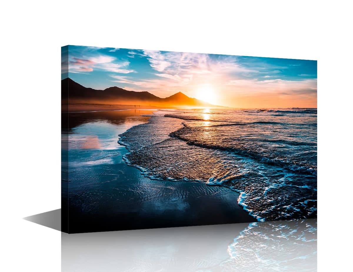 TISHIRON Wall Art Sandy Beach Sunrise Pictures Painting on Canvas Wall Art Modern Framed Seaside Canvas Prints Ready To Hang(24X16in) — view 28