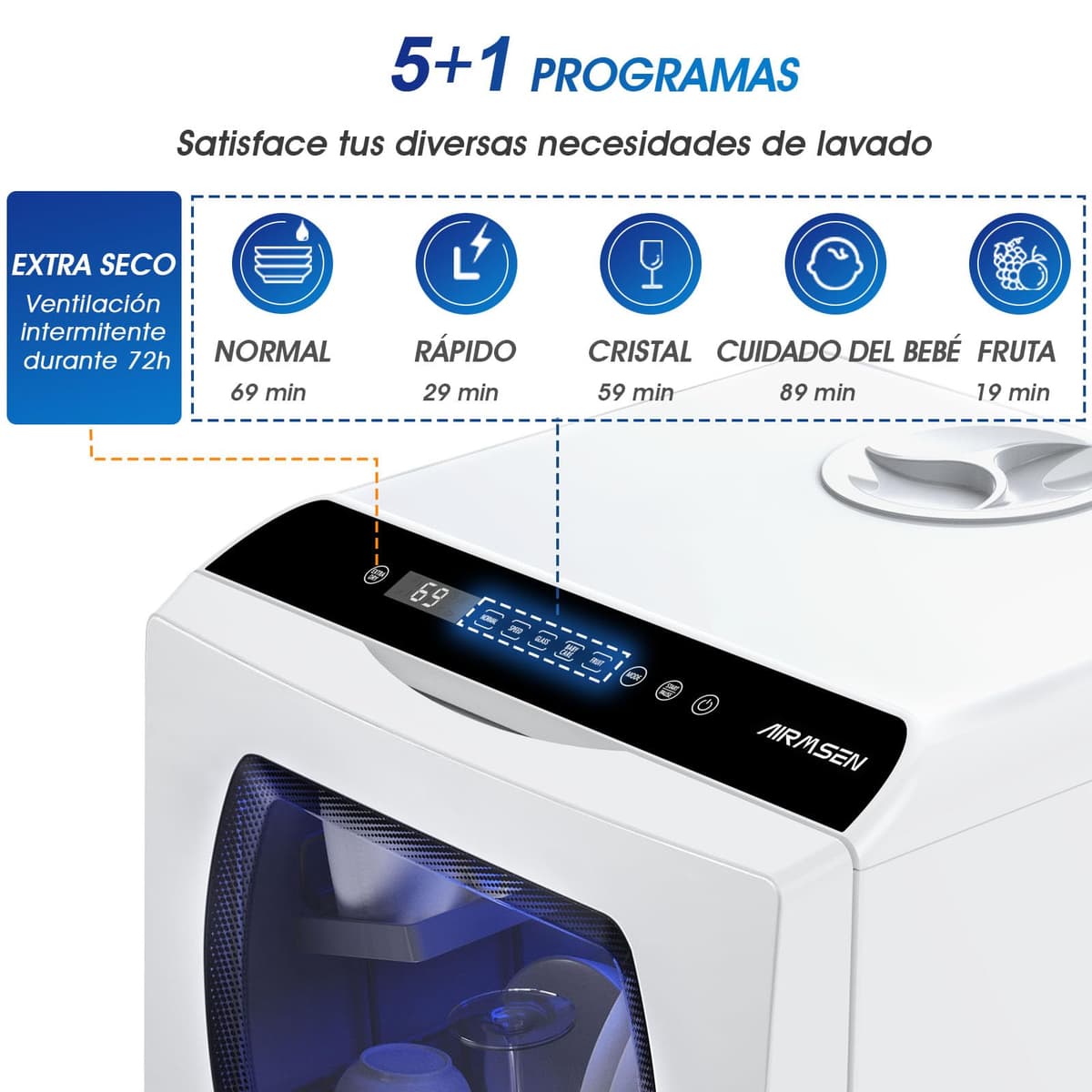 AIRMSEN Mini Lavavajillas de Sobremesa con 5+1 Programas, Depósito de 5 Litros, 2 Formas de Suministro de Agua, Control Táctil y Pantalla LED, Ideal para Cocinas Familiares, Apartamentos, Blanco — view 3