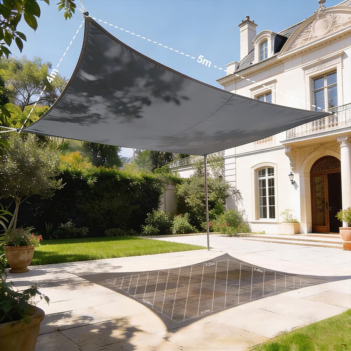 HAIKUS Toldo Vela de Sombra Impermeable Rectangular 4x5m Protección UV PES, Toldos para Patio Exterior Jardín Terraza - Gris — view 3