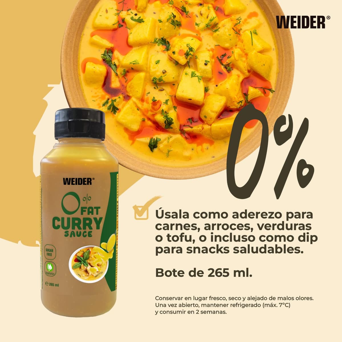 Weider Gourmet 0% Fat Curry Sauce (265 ml). Salsa Curry 0% Grasas, 0% Azúcar. Bajo en Calorias. Nueva Receta Mejorada. Ideal para dar sabor a tus platos. — view 3