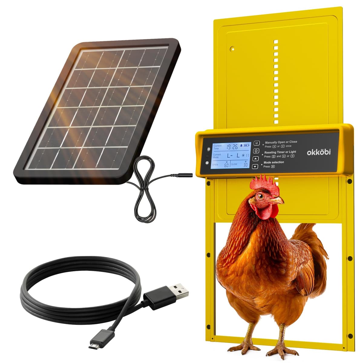 Okköbi Automatic Chicken Coop Door PRO - Light Sensor & Timer - Anti-Pinch Function - Wide Opening - New Model - Solar Powered with LCD Display & Remote Control - 5 Year Protection — view 9