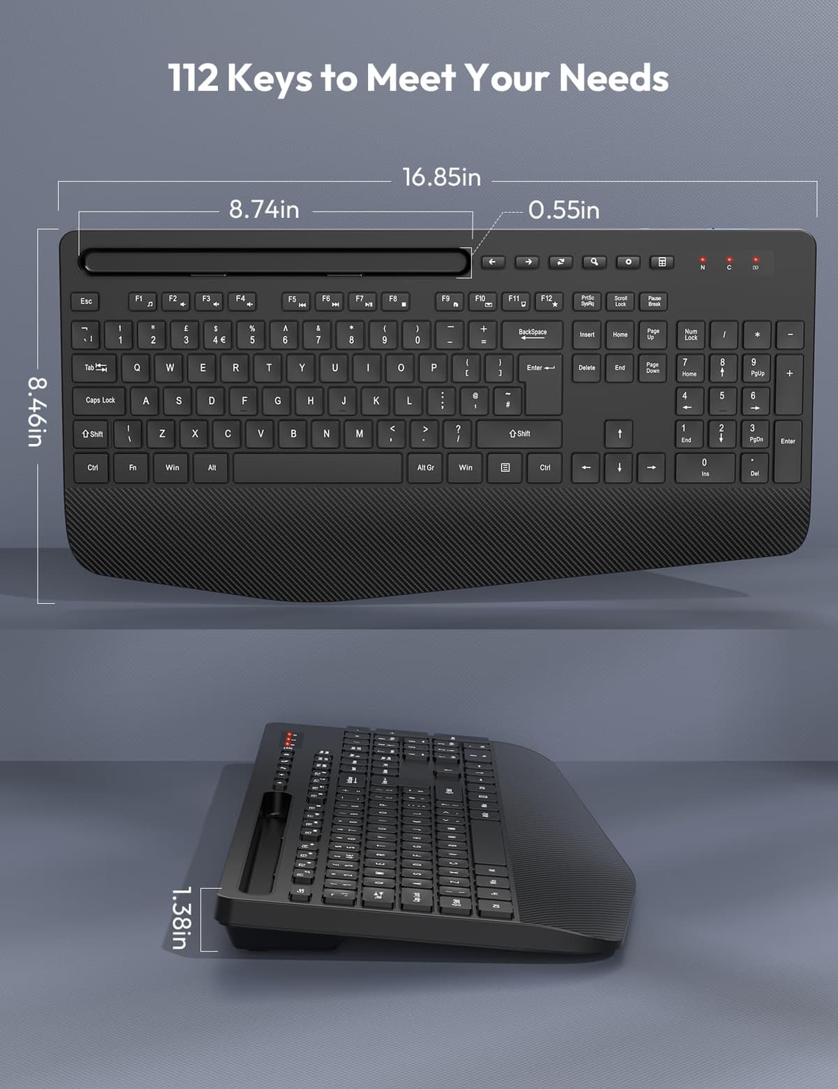 SABLUTE Wireless Keyboard with Wrist Rest, Full-size Ergonomic Keyboards with Phone Holder, Numeric Keypad, 18 Multimedia Keys, Sleep Mode, 2.4GHz Cordless Keyboard for Windows/Computer/PC, KN213 — view 5