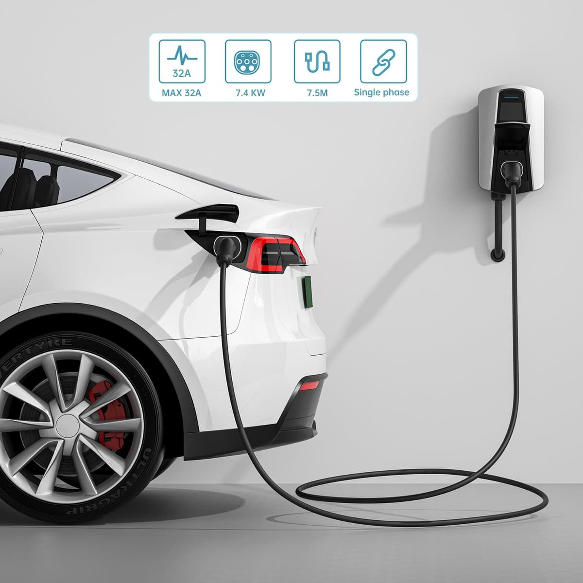 QIAO)) Type 2 EV Charging Cable, 7.4kW 7.5M 32A Single Phase, Electric Vehicle Type 2 to Type 2 IEC 62196 EV Charger Cable, EVs/Plug-in Hybrid Fast Car Charging Cable with Carry Bag — view 5