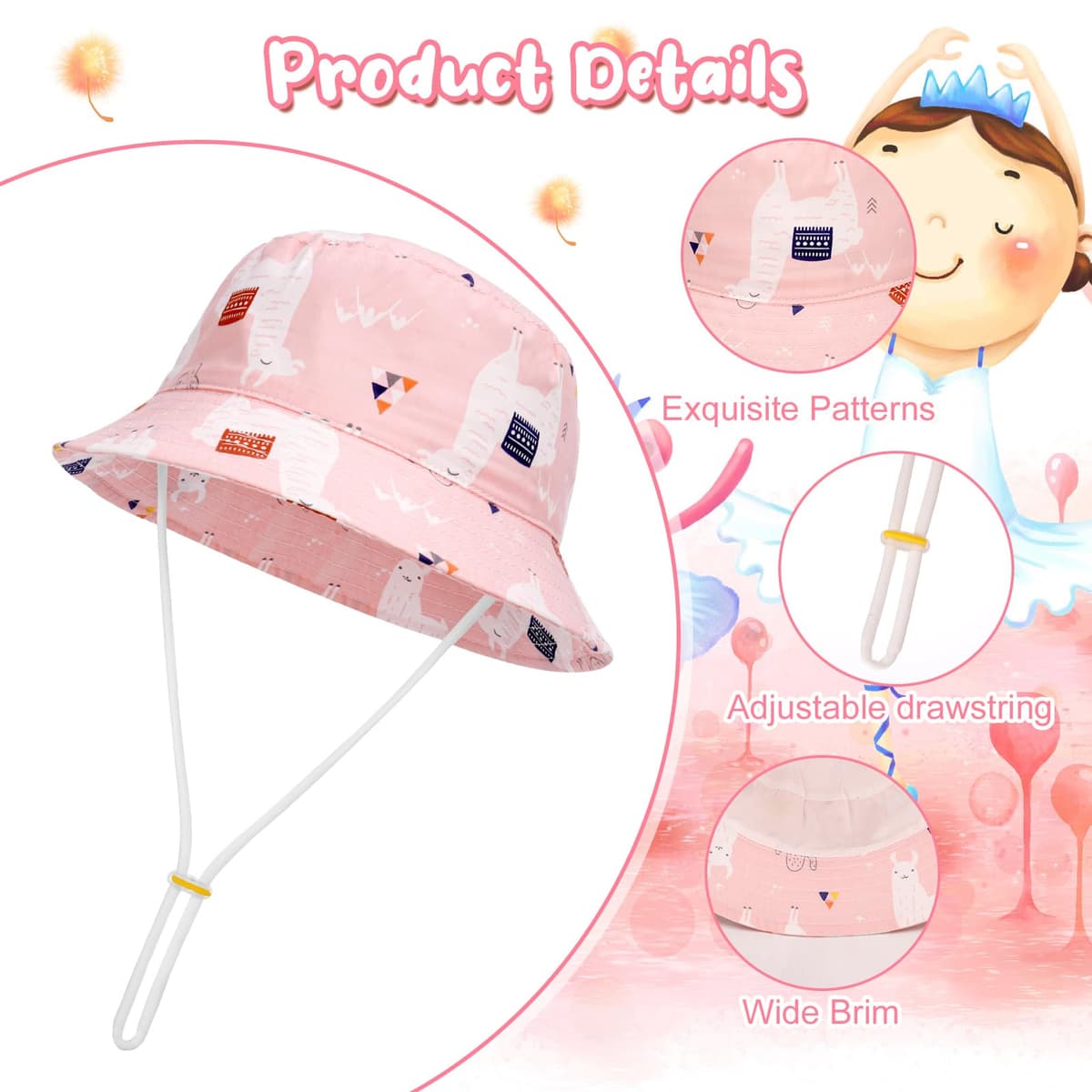 2 Pieces Toddler Sun Hat Kids Bucket Sun Hat Baby Cute Print Summer Hat with Adjustable Head Drawstring and Chin Strap Outdoor Kids Summer Protection Bucket Hats — view 3