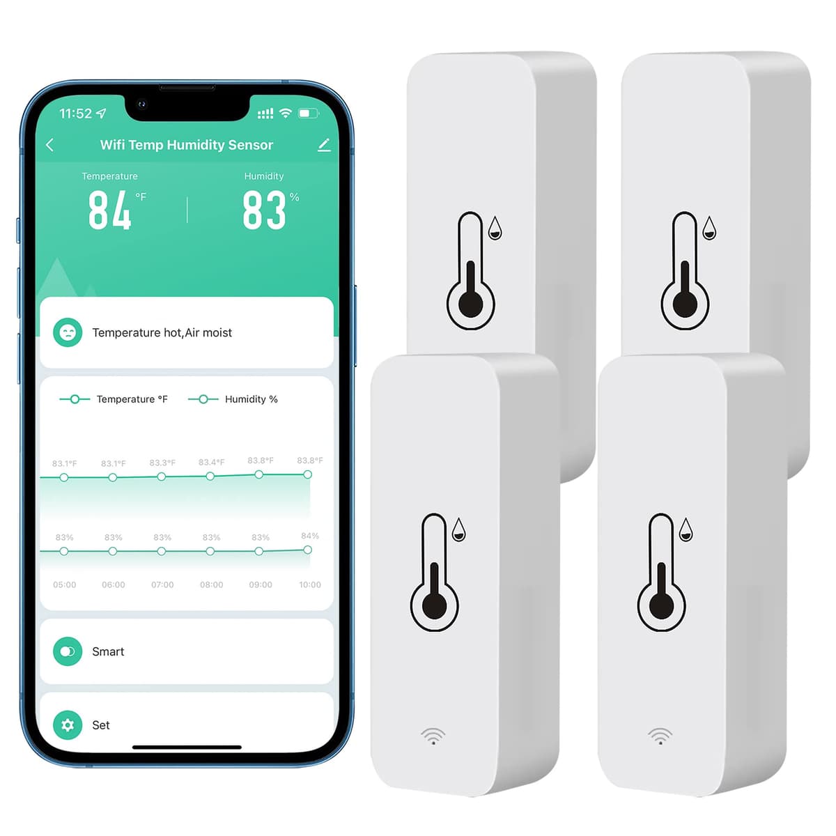 WiFi Hygrometer Thermometer Sensor, Wireless Temperature and Humidity Sensor for Indoor and Outdoor Use with Remote App Notification Alarm, Works with the Tuya App (4 Pack)