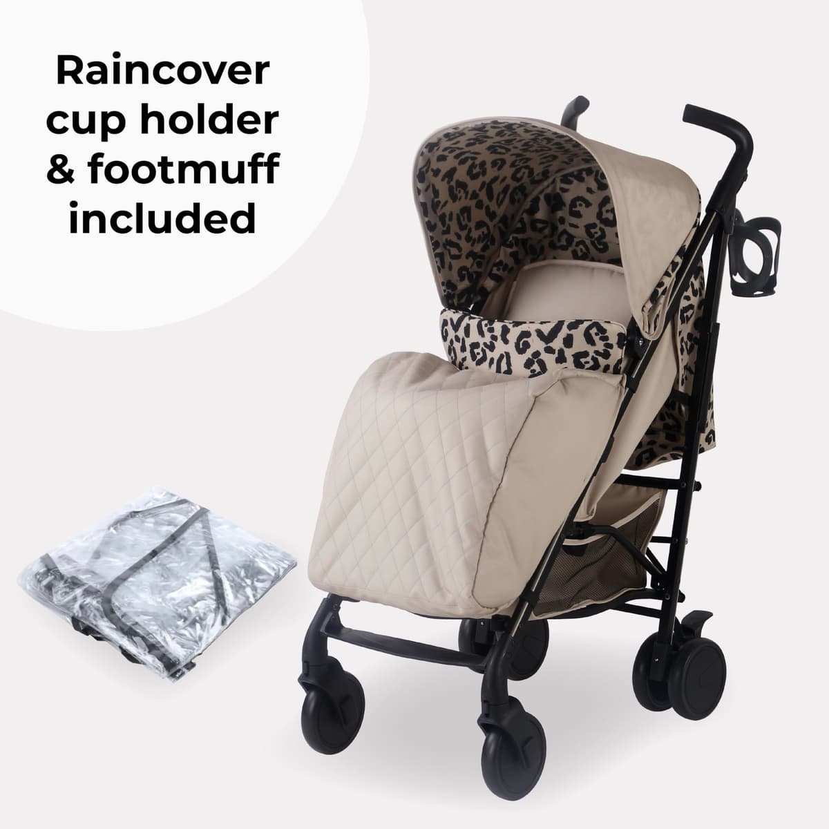 My Babiie MB51 Dani Dyer Leopard Lightweight Stroller, Sturdy & Protective, Lightweight Frame, Comfort, Manoeuvrability, Suitable from Birth to Maximum 22kg, with Cup Holder, Rain Cover and Footmuff — view 3