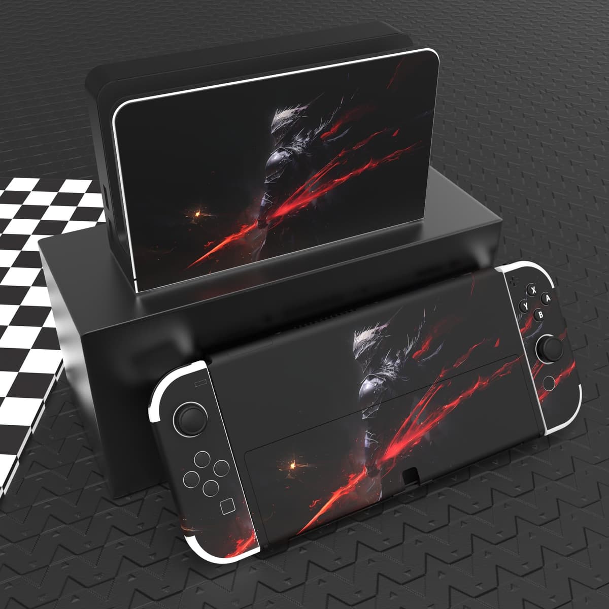 playvital Full Set Protective Stickers for Nintendo Switch OLED Model, Customized Vinyl Decal Skins for Switch OLED Console & Joycon & Dock & Grip - Abyss Knight — view 2