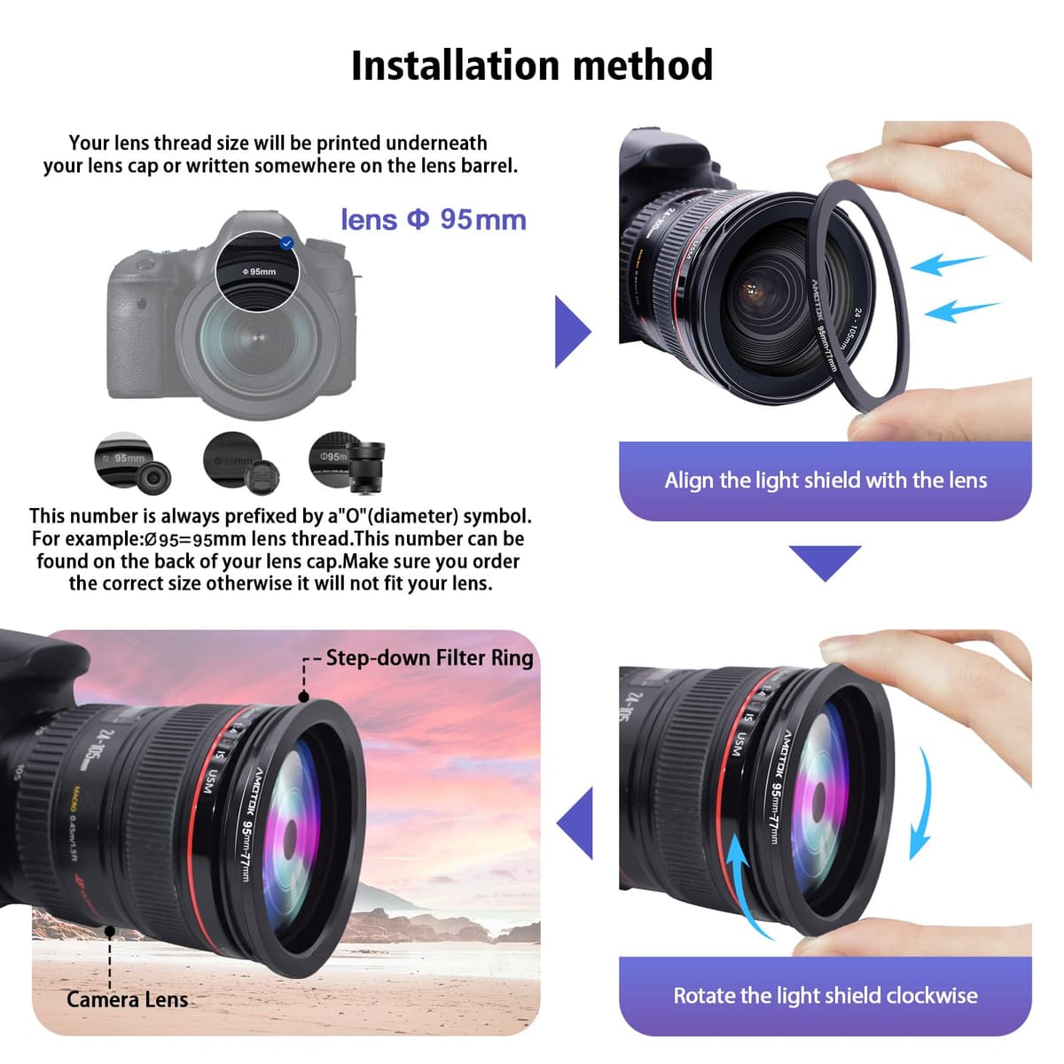 95mm a 77mm Adaptador de Lente de,Anillo Reductor de Filtro de 95mm a 77mm,Compatible con Todos los Accesorios de Filtro de 77mm.Hecho de mecanizado CNC — view 5