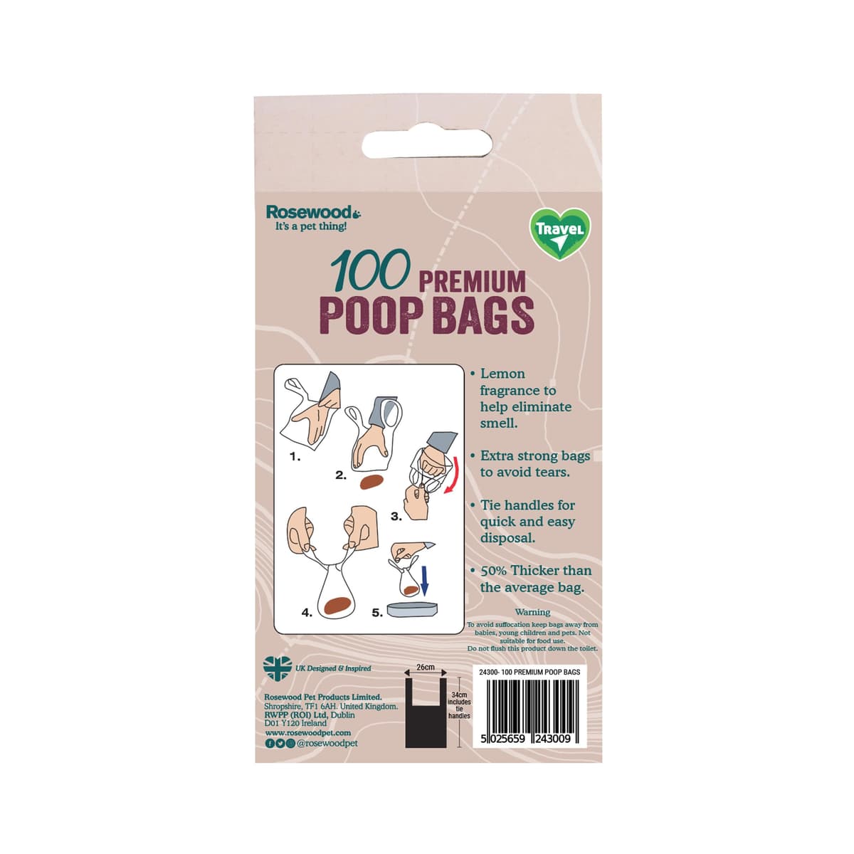 Rosewood Dog Poo Bags with Handles - 100 Easy Clean-Up Poop Bags, Loose Packed Dog Waste Bags with Tie Handles, Lightly Scented, Black — view 2