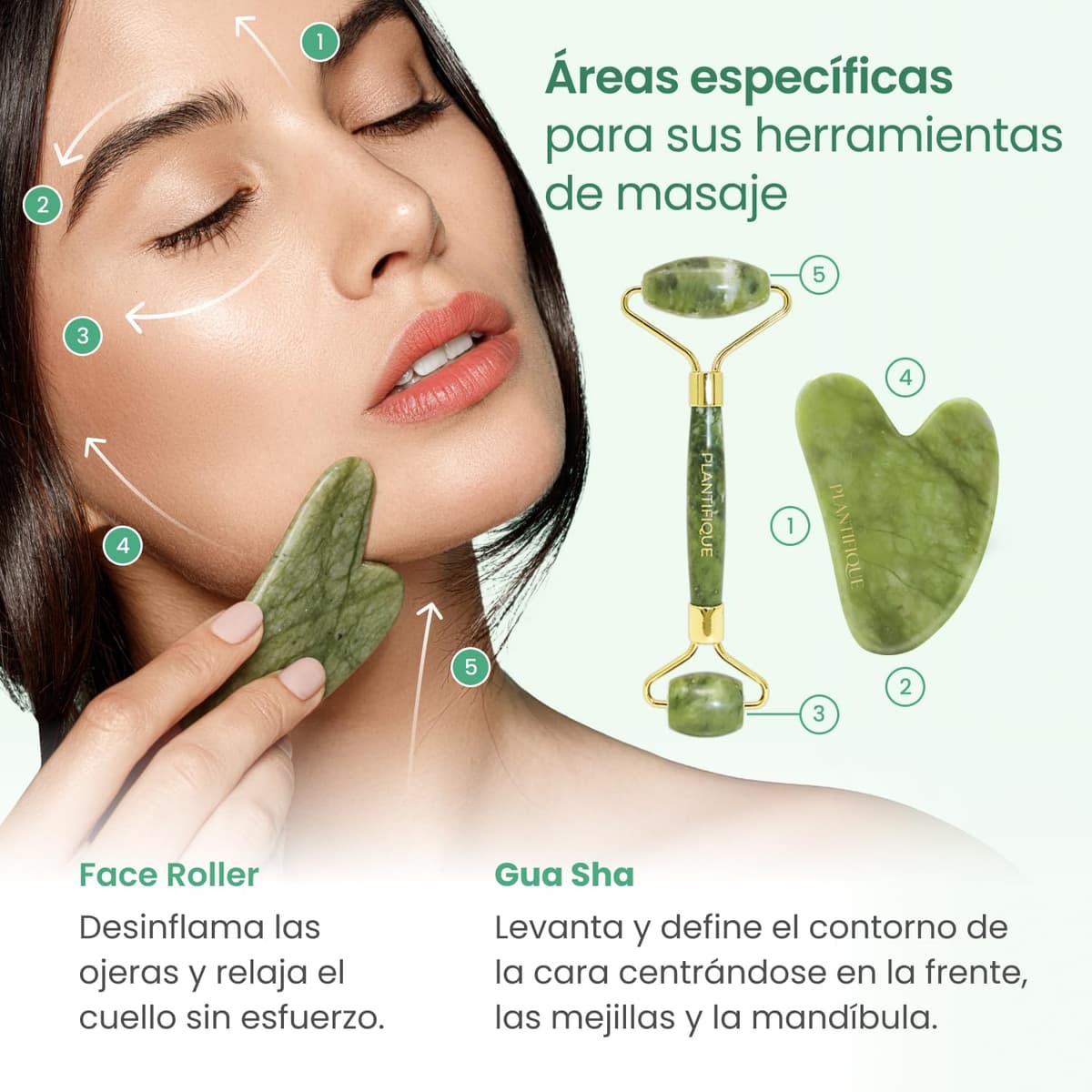 PLANTIFIQUE Gua Sha y Rodillo Facial de Jade - Masajeador Facial Antiarrugas para Tonificar la Piel - Face Roller - Rodillo Masaje y Guasha de Piedra Jade Auténtico — view 4