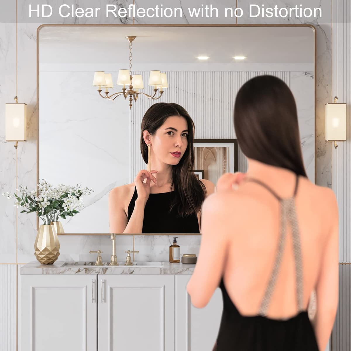 LOAAO 48”X36” Gold Bathroom Mirror, Rounded Rectangle Gold Frame Mirror, Brushed Gold Bathroom Vanity Mirror Wall-Mounted, Anti-Rust, Tempered Glass, Hangs Horizontally or Vertically — view 2