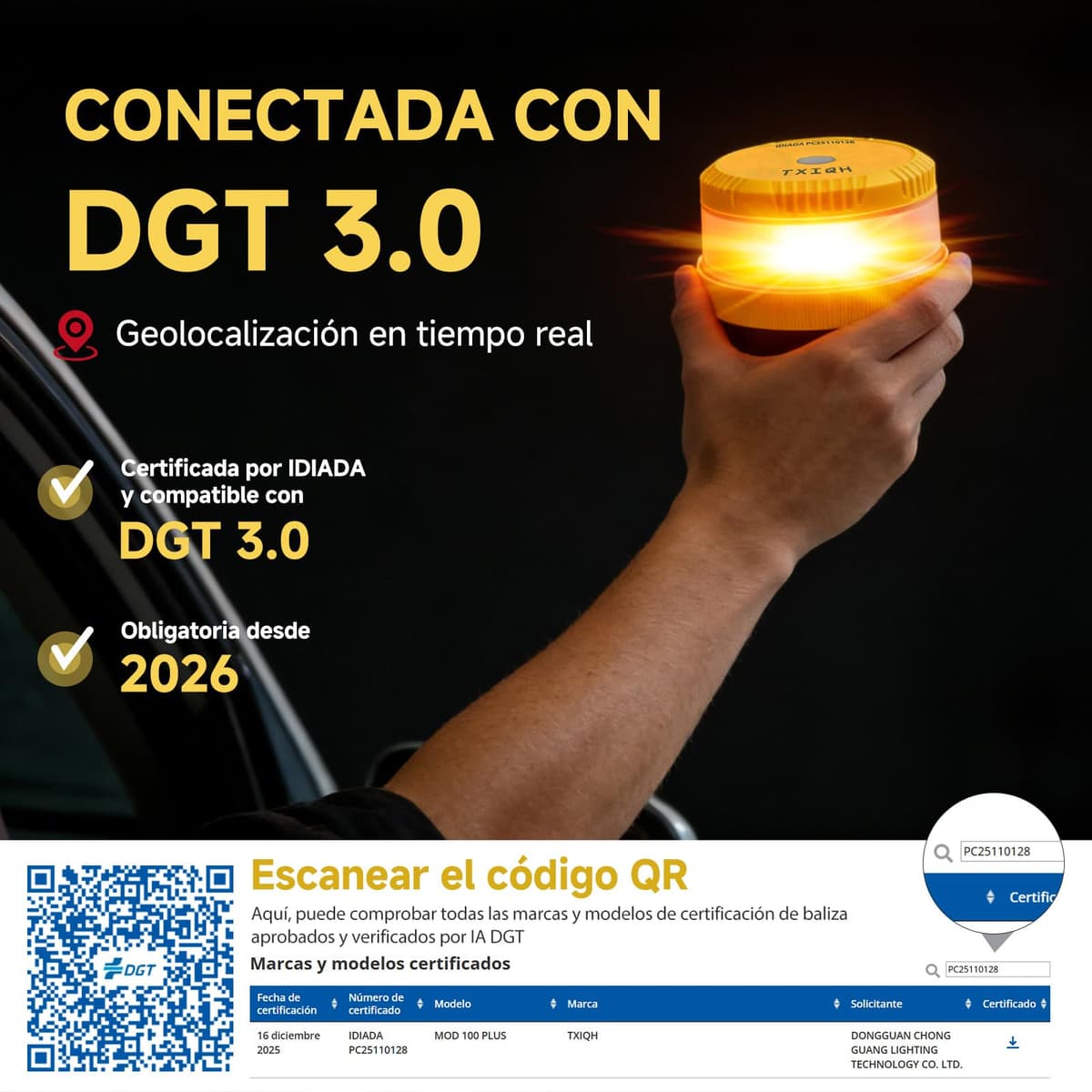 Baliza v16 homologada dgt con Geolocalización y Conexión DGT 3.0, MOD100 PLUS LED de Alta Intensidad 360°, Protección IP54 Antilluvia y Polvo, Servicio de Comunicación Gratuito hasta 2042 — view 2