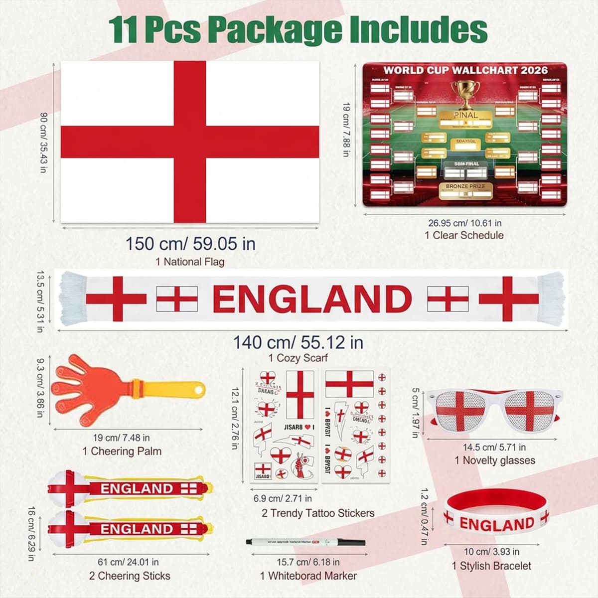 World Cup 2026 England Fan Pack, 11PCS Football Fan Equipment Set with England Flag, Glasses, Clappers, Wristbands & Face Sticker, 2026 World Cup Soccer Match Cheer Kit for Sports Event — view 2