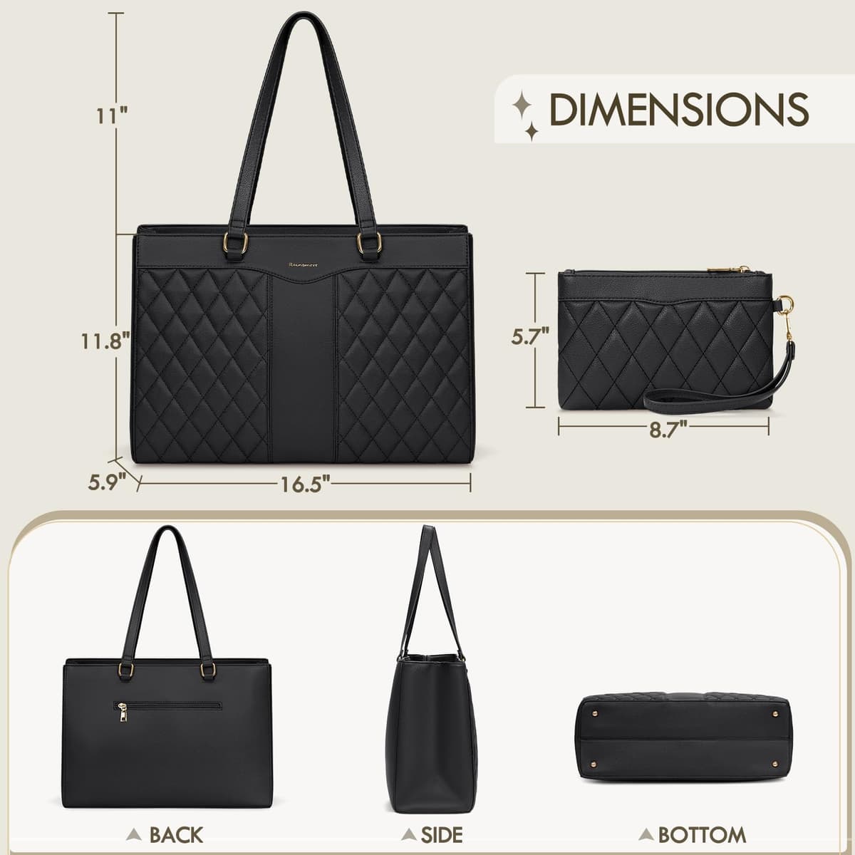 RAINSMORE Laptop Bags for Women 15.6 Inch Work Tote Bags with Clutch, Waterproof PU Leather Ladies Laptop Handbags for Office Business College Black — view 5