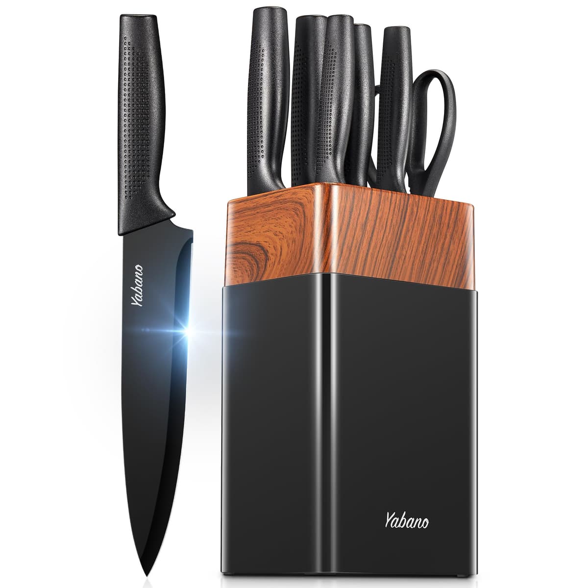 Yabano 7 Pieces Kitchen Knife Block Set with Ergonomic Handle and High Carbon Stainless Steel, Kitchen Knife Block Set with Built-in Sharpener, Black